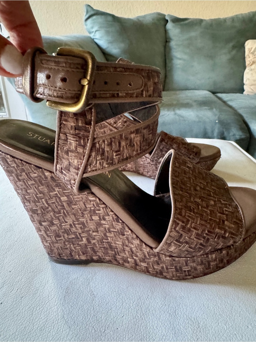 Stuart Weitzman Brown Woven Leather Platform Wedge sandals with Ankle Straps
